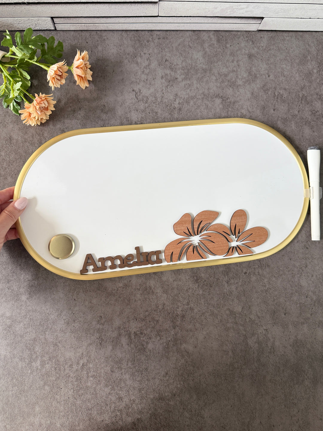 Custom Name- Dry Erase White Board with Wood Flowers
