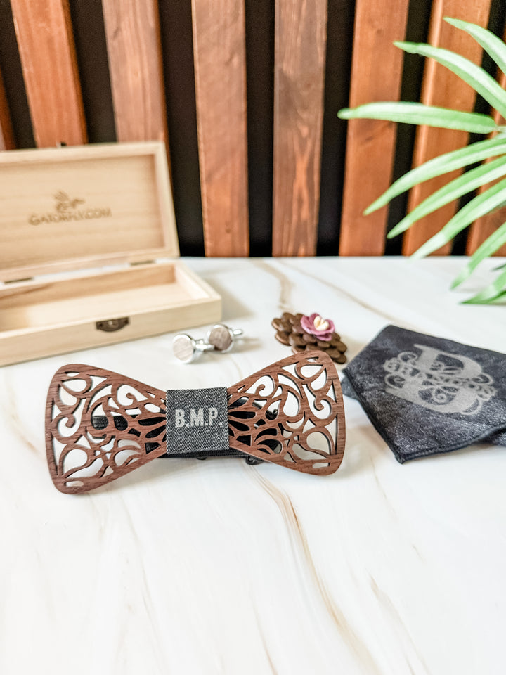 Scroll Wood Bowtie and Handkerchief SET- Custom Engraved with Wood Box