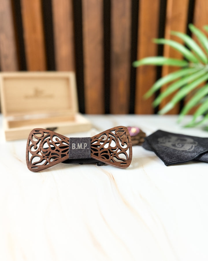 Scroll Wood Bowtie and Handkerchief SET- Custom Engraved with Wood Box