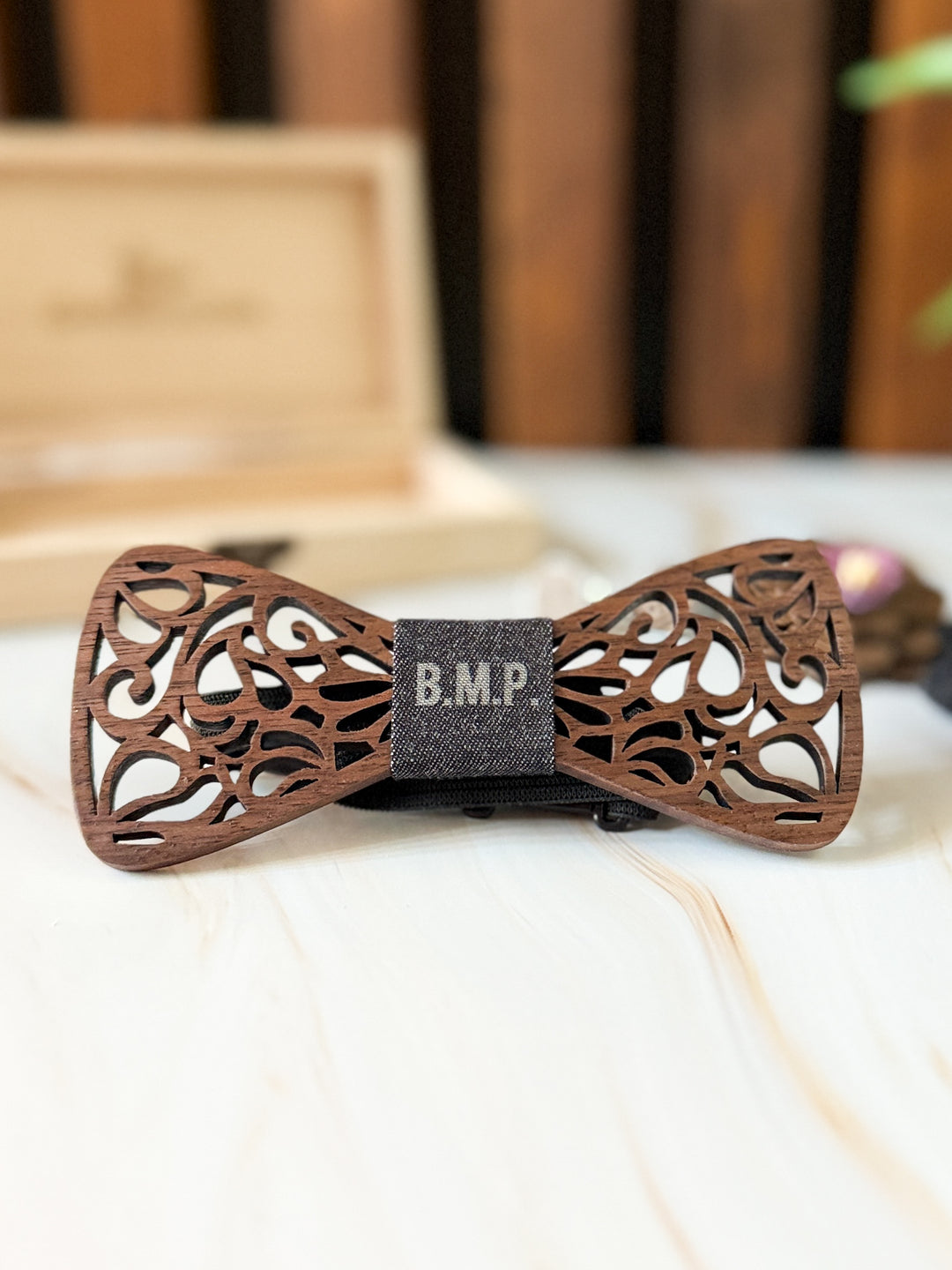 Scroll Wood Bowtie and Handkerchief SET- Custom Engraved with Wood Box