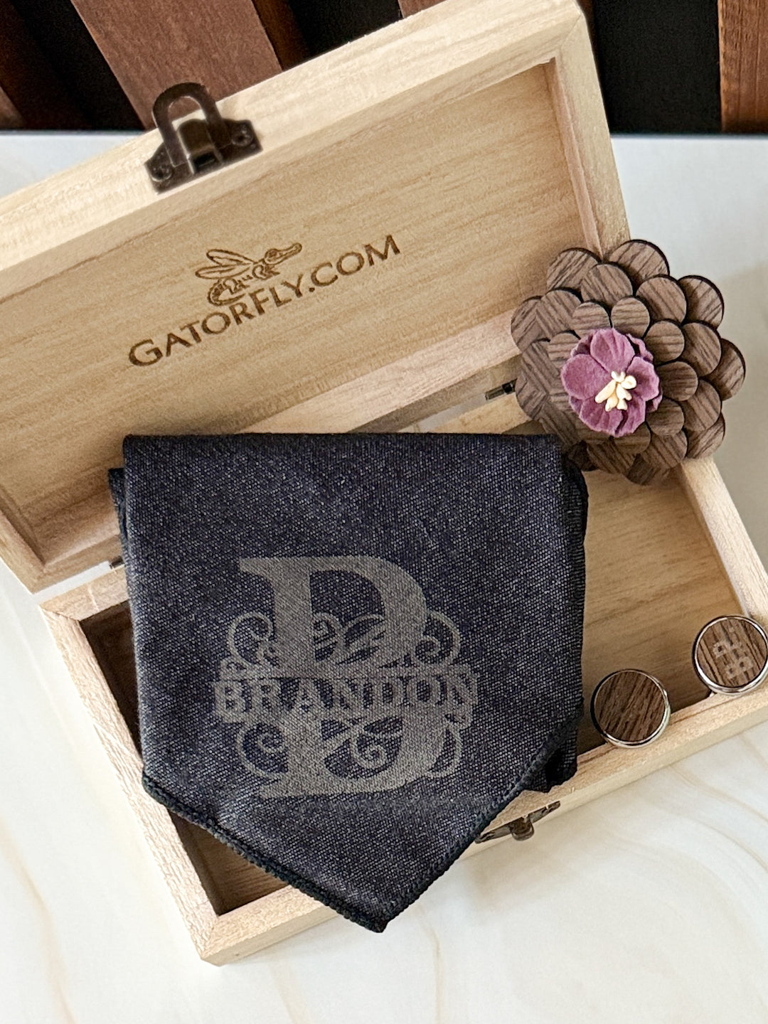 Scroll Wood Bowtie and Handkerchief SET- Custom Engraved with Wood Box