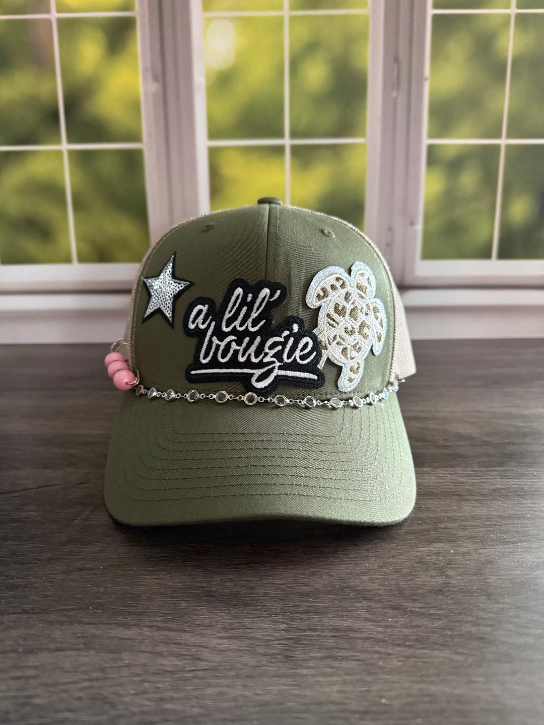 A lil Bougie- Green and Tan Hat with jewelry