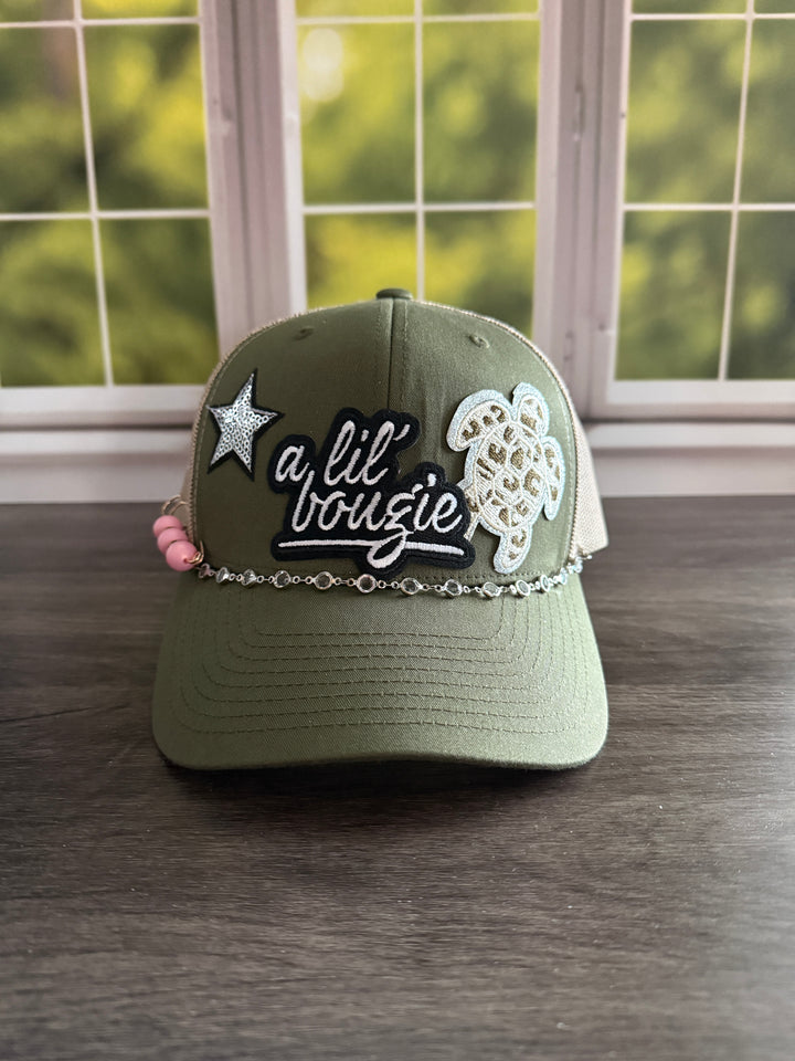 A lil Bougie- Green and Tan Hat with jewelry