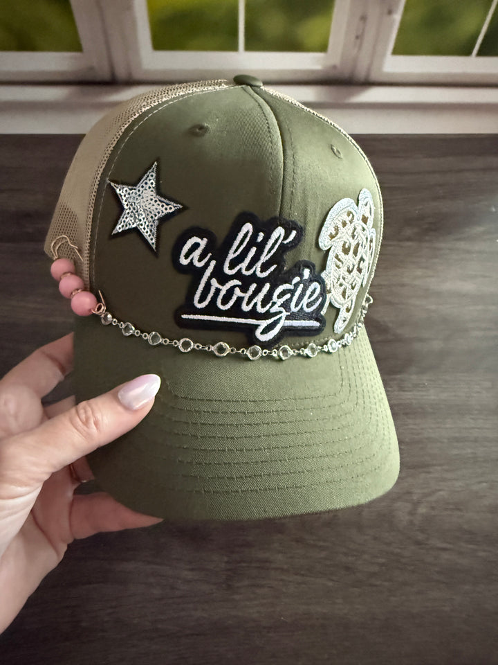 A lil Bougie- Green and Tan Hat with jewelry